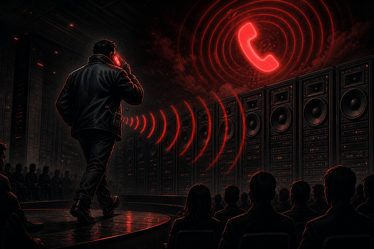 Illustration: a leather-jacketed CEO caricature pacing a hotel-style hallway on stage, holding a glowing phone, while giant datacenter speakers broadcast a ringing phone icon to a seated crowd