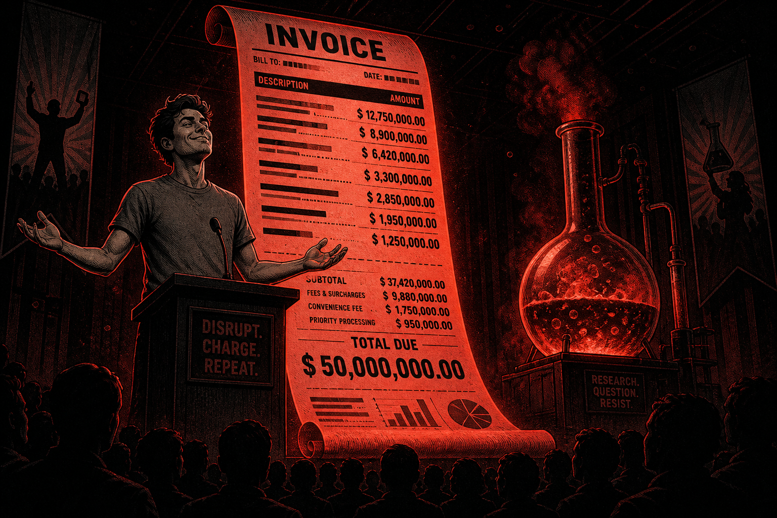 Illustration: a t-shirted tech CEO caricature at a podium on a dark stage, before a colossal glowing red invoice scroll and a rival laboratory flask, silhouetted crowd watching